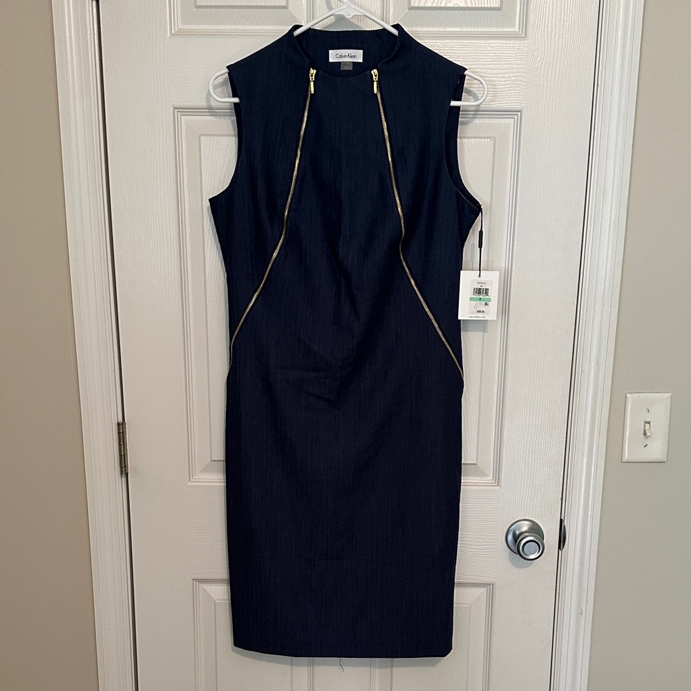 Calvin Klein Navy Sleeveless Midi Sheath Dress with Gold Zippers